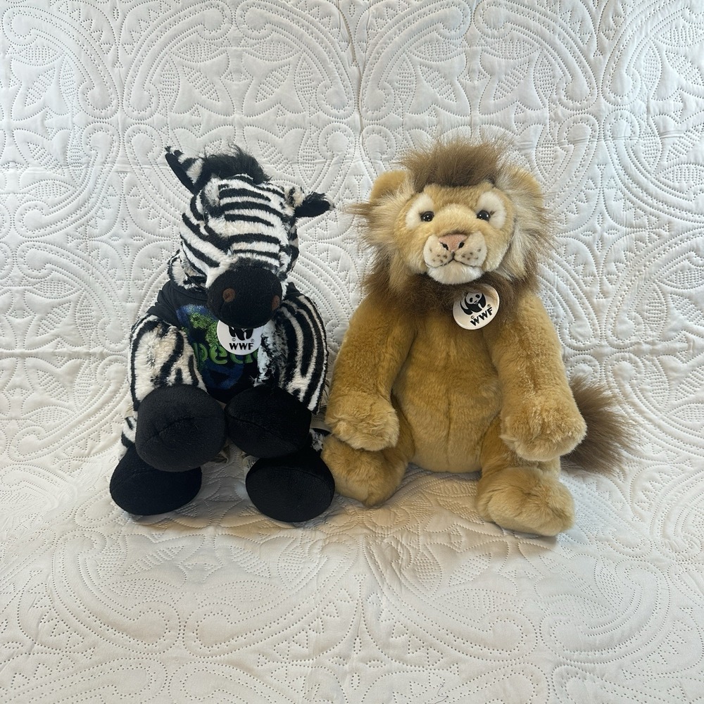 Build-A-Bear WWF Lion and Zebra Plush 14" Stuffed Animal Wildlife Foundation Zoo